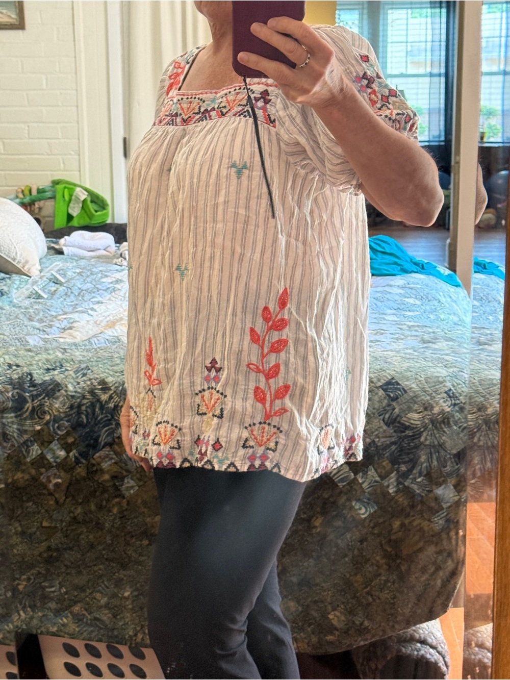 Embroidered Johnny Was Square-Neck Boho Top in White with Coral Accents - Picture 2 of 4